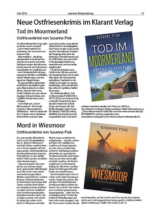 Artikel über die Ostfriesenkrimis "Tod im Moormerland" und "Mord in Wiesmoor" von Susanne Ptak
