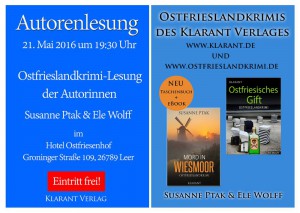 Banner zur Ostfriesenkrimi-Lesung von Susanne Ptak und Ele Wolff im Mai 2016 in Leer
