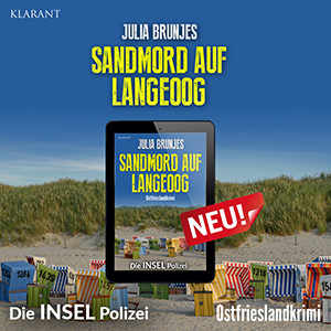 IPad mit Sandmord auf Langeoog Titel auf Dünenhintergrund